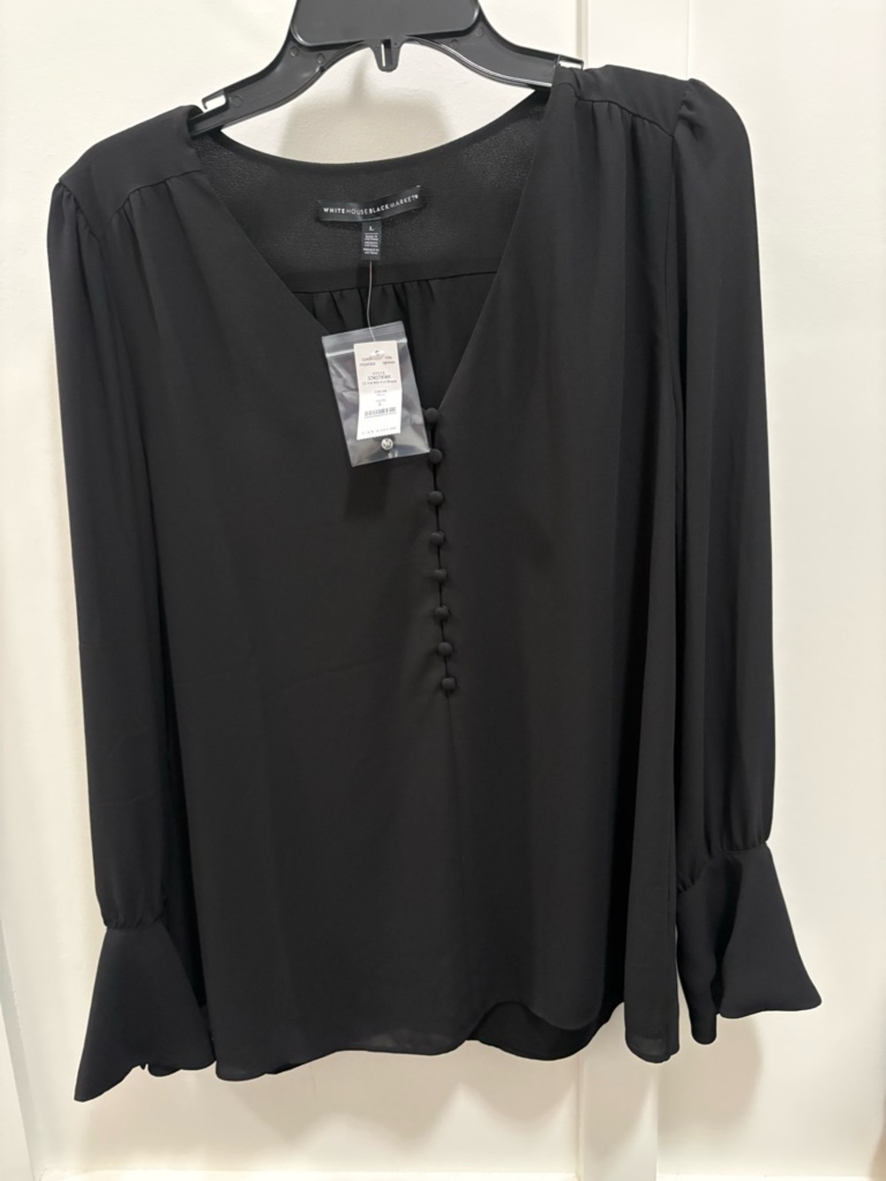 White House Black Market Black V-Neck Long Sleeve Blouse with Covered Buttons